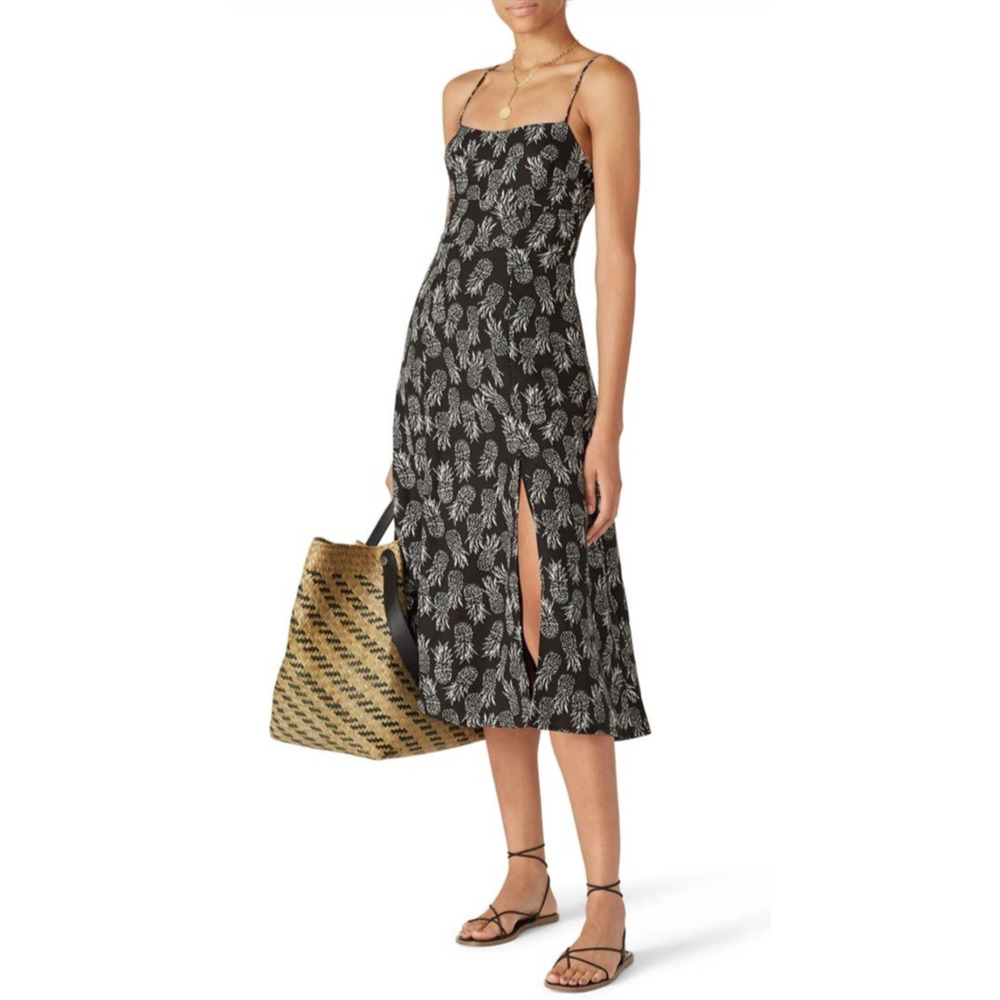 ASTR The Label Pineapple Print Linen‎ Blend Midi Dress Black Cream XS ACDR100545